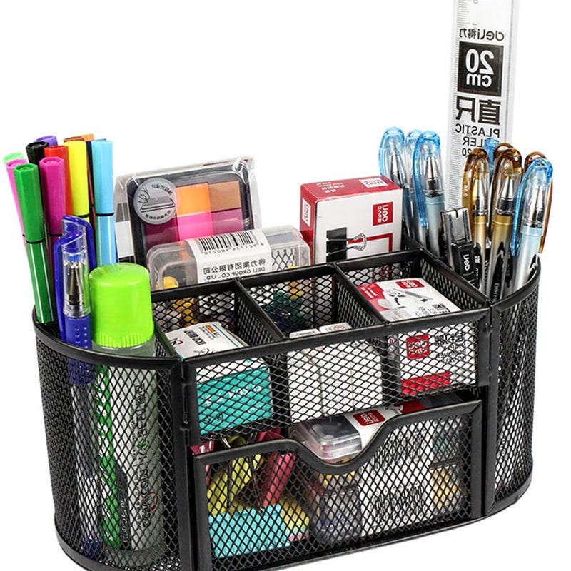 MONBLA Desk Supplies Organizer Multi-functional Stationery Caddy Mesh Oval Pencil Holder Desk Office Supplies Organizer 9 Compartments with Drawer for Note Pads Black - Image 2